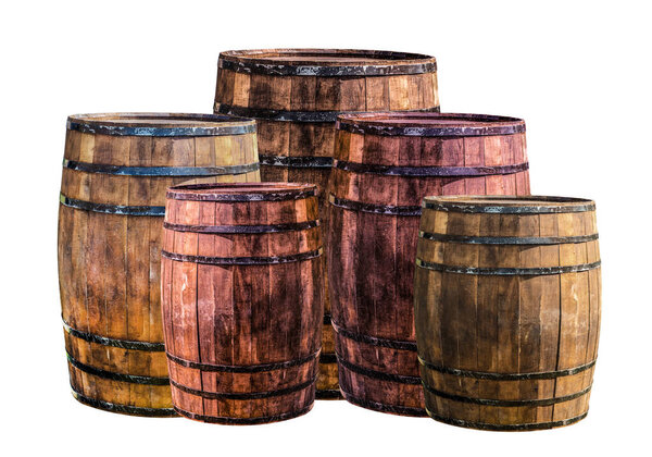 group of vertical barrels brown and red with iron hoops, traditionally used to store strong alcohol, rum or whiskey