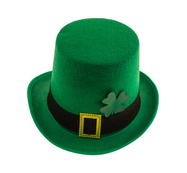 tall green bowler hat with gold buckle and clover luck symbol on a white isolated background