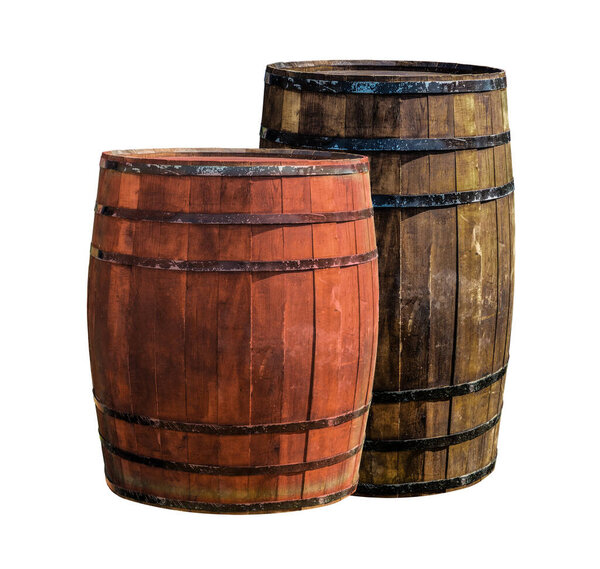 oak barrel high and low, dark and light for storing wine stands on a white background