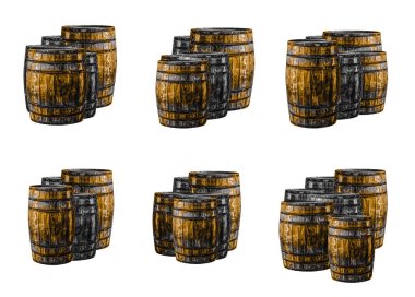 İzole edilmiş beyaz arka planda meşe fıçıları dizisi