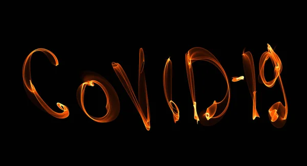 Covid Concept Schriftzug Feurige Buchstaben Auf Schwarzem Hintergrund Brandpandemie — Stockfoto
