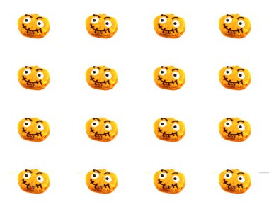 Beyaz izole edilmiş cadılar bayramı sembolünde Jack Lantern desenli donut deseni