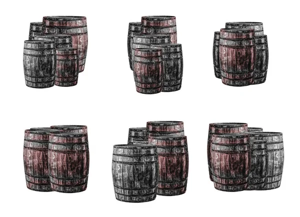 Gray Old Barrels Set Winemaking Aging Whiskey Isolated Background — Stock Photo, Image