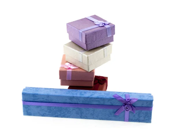 Assorted Gift Box Long Blue Stack Lilac Red Box Isolated — Stock Photo, Image