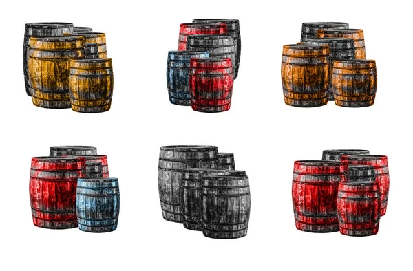 Assorted Oak Barrels Yellow Brown Gray Red Set Winemaking — Stock Photo, Image