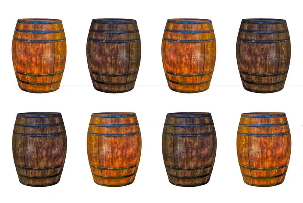 brown weathered brown oak barrel in two parallel rows on a white isolated background