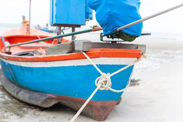 Boog Van Een Vissersboot Blauw Rood Close Staat Het Zand — Stockfoto