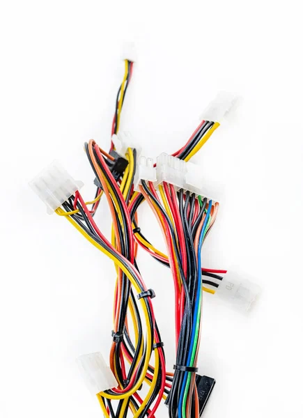 Fios Energia Multicoloridos Com Conector Branco Fundo Isolado — Fotografia de Stock