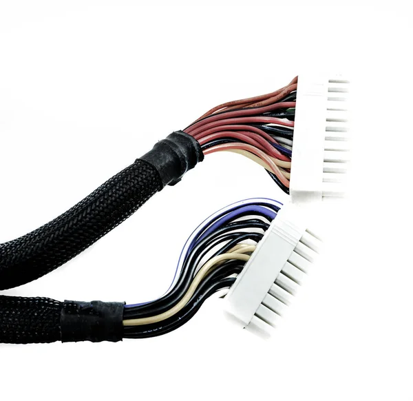 Wires Multicolor Black Braid White Connector Close Isolated Background — Stock Photo, Image