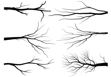 Kara Dal Ağacı ya da Çıplak Ağaç siluetleri. El çizimi izole çizimler.