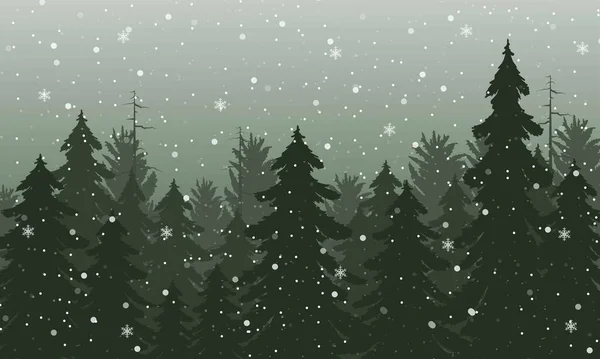 Verde Bosque Árboles Nieve Cayendo Fondo Ilustraciones Aisladas Dibujadas Mano — Vector de stock