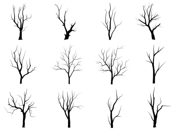 Черное Ветвистое Дерево Силуэты Обнаженных Деревьев Иллюстрации Вручную — стоковый вектор