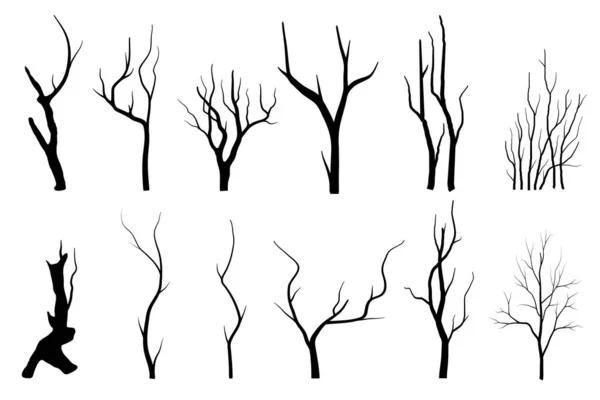 Black Branch Tree Oder Naked Trees Silhouetten Gesetzt Handgezeichnete Isolierte — Stockvektor