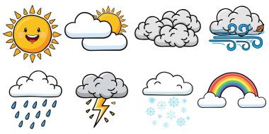 Sevimli ve renkli karikatür hava durumu ikonları. Güneş, bulut, yağmur, rüzgar, fırtına, kar ve gökkuşağı. Uygulamalar, web siteleri, sunumlar ve eğitim materyalleri için mükemmel.