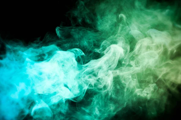 Dense Multicolored Smoke Green Blue Colors Black Isolated Background — Stock Photo, Image