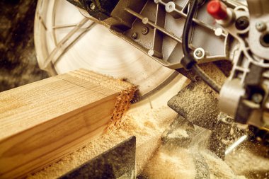 Bir deneyimli marangoz ahşap kesme tahtaları için daire testere kullanarak yakın çekim. 