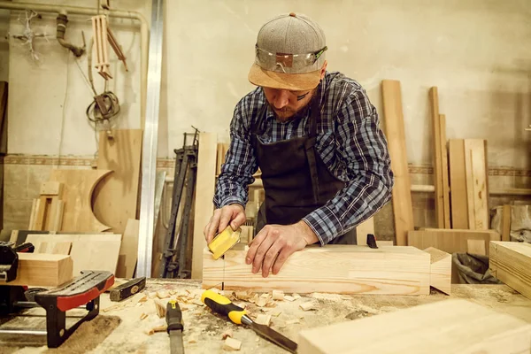 Experienced Carpenter Work Clothes Small Buiness Owner Working Woodwork Workshop — Stock Photo, Image