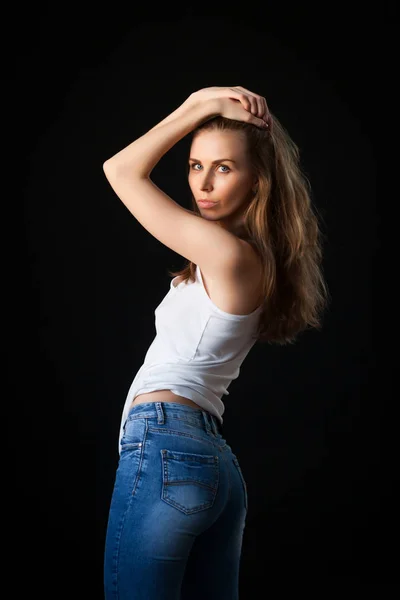 Mode Hübsche Junge Blonde Frau Stilvollem Outfit Weißes Top Jeans — Stockfoto