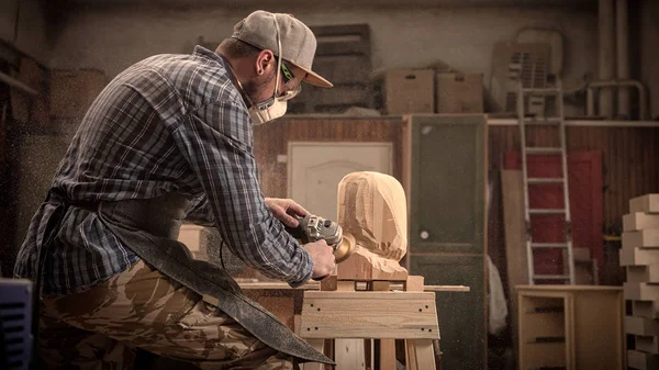 Carpinteiro Pequeno Dono Buiness Roupas Trabalho Serra Cabeça Homem Com — Fotografia de Stock