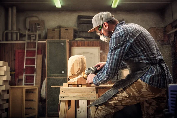 Carpinteiro Pequeno Dono Buiness Roupas Trabalho Serra Cabeça Homem Com — Fotografia de Stock