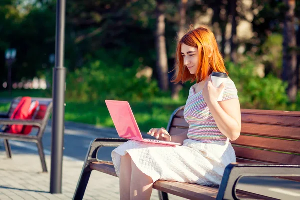Kızıl saçlı bir kadın beyaz romantik etek, bir dizüstü bilgisayarda çalışıyor ve bir yaz günü şehir parkta bir bankta oturan bir pembe üst ve mavi spor ayakkabı