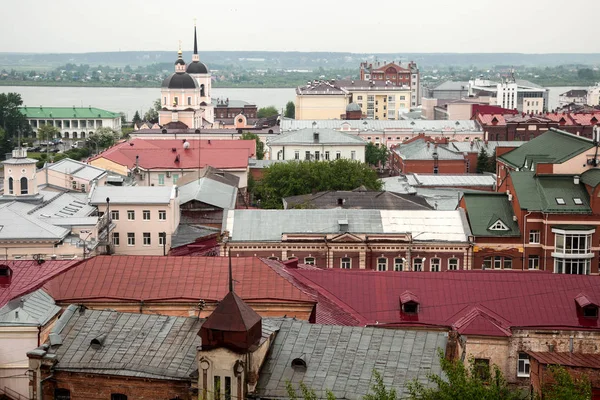 View Ancient City Orthodox Church Roofs Various Colors River Warm — Stock Photo, Image