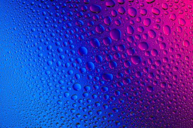 Yakın yukarı bir su damlaları bir pembe ve mavi degrade arka plan ile kaplı, damla su - yoğunlaşma.