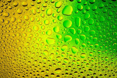 Yakın yukarı bir su damlaları bir yeşil ve sarı degrade arka plan ile kaplı, damla su - yoğunlaşma.