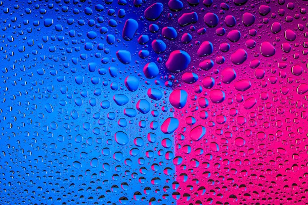 Close Van Een Water Druppels Een Roze Blauwe Achtergrond Met — Stockfoto