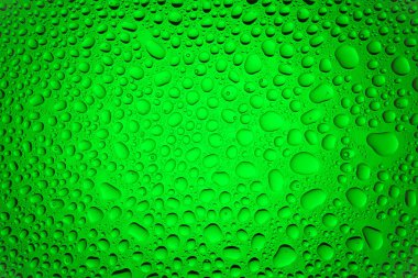 İn yakın bir su damlaları ile kaplı yeşil degrade arka plan üzerinde damla su - yoğunlaşma.