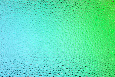 Yakın up bir su damlaları bir yeşil ve mavi degrade arka plan ile kaplı, damla su - yoğunlaşma.