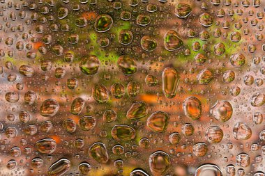 Bir su yakın taze moss, kırmızı bir eski tuğla zemin üzerine damla damla ile kaplı su - yoğunlaşma.