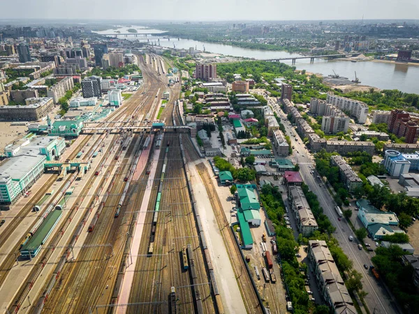 Aerial Photography Modern Railway Tracks Trains Wagons Parallel Railways Crossings — Stock Photo, Image