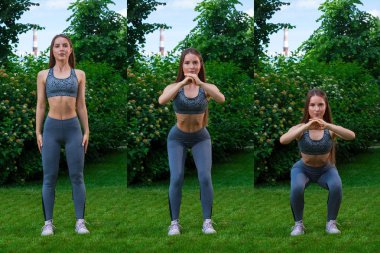 Genç esmer kadın eğitmen bir sportif kısa üst ve spor salonu tozluk doğru teknik ağız kavgası, üç pozisyon egzersiz, onu elinde bir yeşil çim üzerinde bir parkta bir yaz günü gösterir