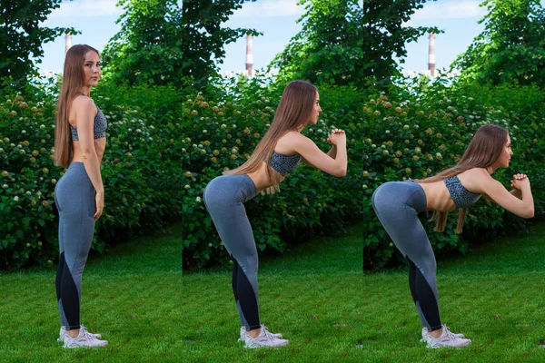 A dark-haired woman trainer in a sporty short top and gym leggings shows the correct technique of tilting forward for inflating the buttocks,three exercise slides, hands in front of him on a summer day in a park on a green lawn