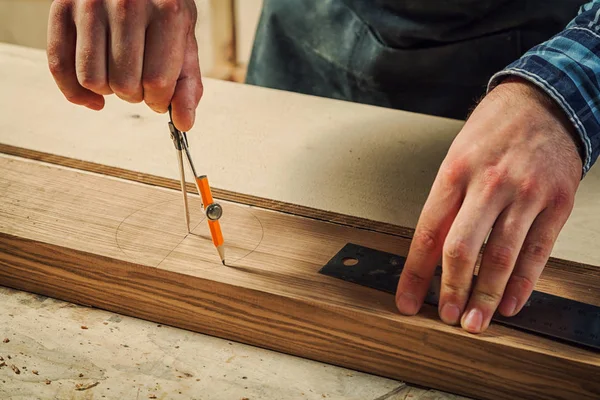 Close Male Carpenter Marks Metal Compass Pencil Wooden Bar Making — Stock Photo, Image