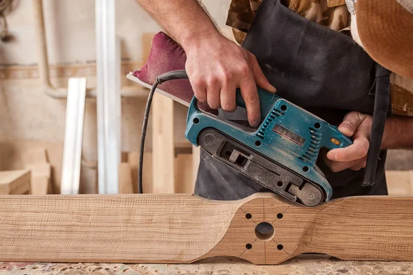 Close Young Man Builder Carpenter Equals Polishes Wooden Board Random — Stock Photo, Image