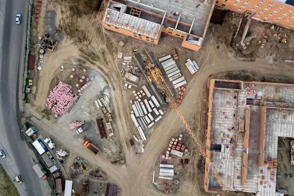 Luftaufnahme Bau Von Mehrstöckigen Wohnhäusern Aus Ziegeln Mit Hilfe Eines — Stockfoto