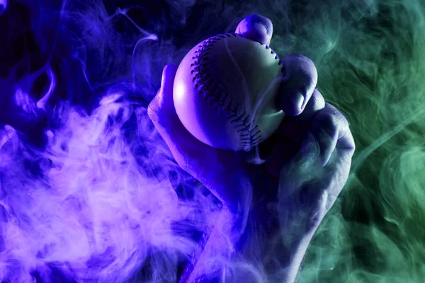 Close Strong Male Hand Holding White Baseball Ball Background Colored — Stock Photo, Image
