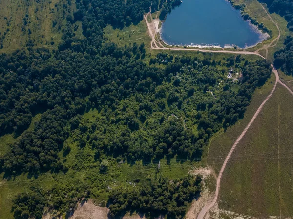 Vista Superior Uma Floresta Verde Com Lago Grande Campo Dia — Fotografia de Stock