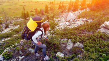 Atmosferik an dağlarda. Sırt çantası gezgin dağlar üstüne kadınla hiking. Şık kadın Hiking, arka planda bir yeşil orman, alan ve yüksek dağ