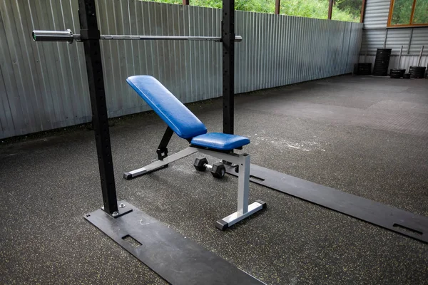 Close Metal Simulator Form Bench Blue Seat Bench Press Bar — Stock Photo, Image