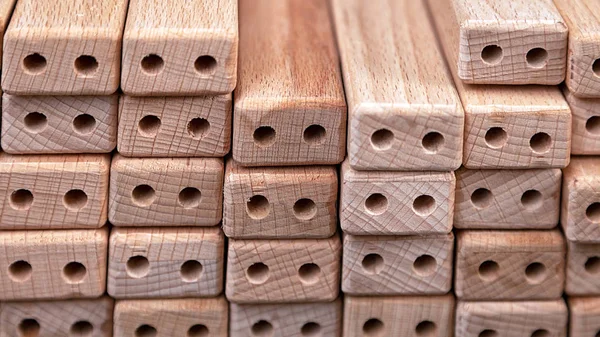 Close Same Wooden Bars Drilled Holes Manufacture Furniture Lie Rows — Stock Photo, Image