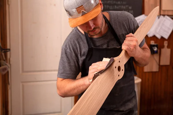 Experienced Carpenter Work Clothes Small Buiness Owner Working Woodwork Workshop — Stock Photo, Image