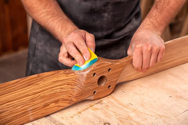 Experienced Carpenter Work Clothes Small Buiness Owner Working Woodwork Workshop — Stock Photo, Image