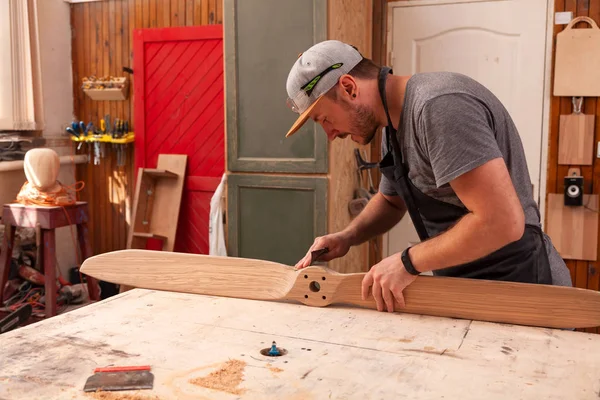 Experienced Carpenter Work Clothes Small Buiness Owner Working Woodwork Workshop — Stock Photo, Image