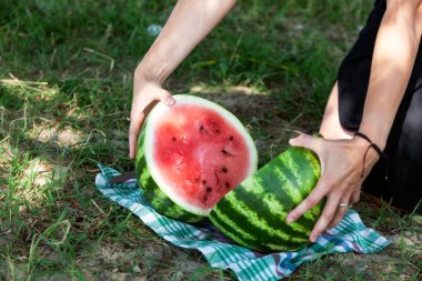 Yakın çekim güzel bir genç kadının büyük bir karpuz bıçakla pikniğe arka planda bir yaz sıcak günde yeşil çim ve bir park keser