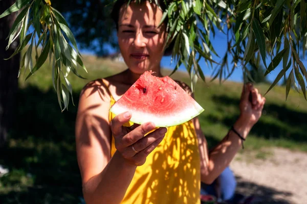 Young Beautiful Woman Laughing Happily Smiling Eating Watermelon Tropical Leaves — Stock Photo, Image