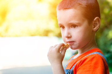 Bir parça ekmek yiyor ve uzak bir yeşil şehir parkında bir yaz sıcak gününde görünüyor şirin bir küçük çocuk