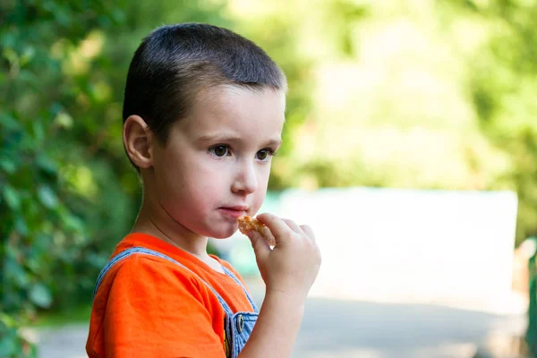 かわいい男の子は一切れのパンを食べるし 夏の暖かい日に緑の都市公園内の距離に見える人 — ストック写真